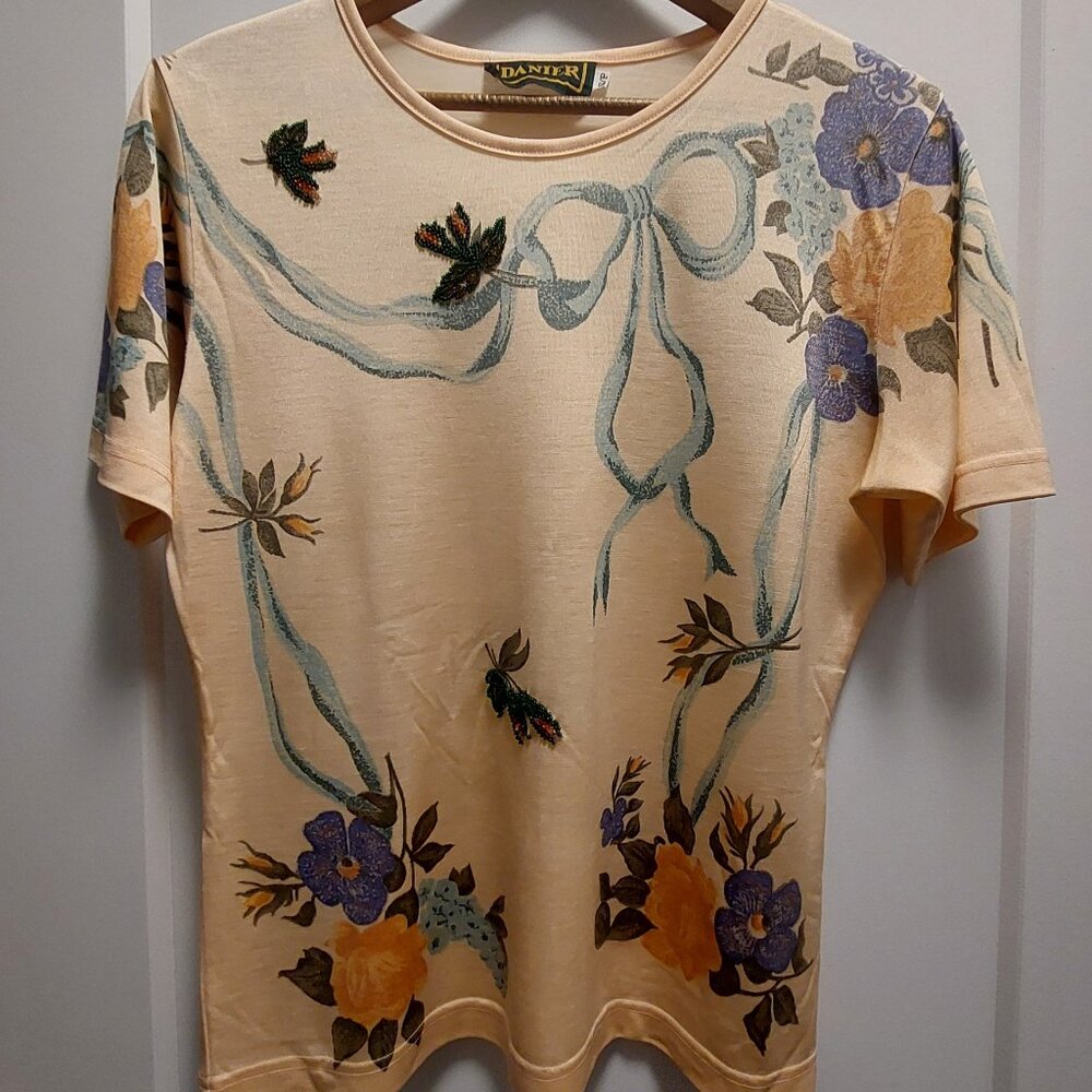 DANIER Women's Floral Print Short Sleeves Top w/Beading - Multi-Colors - Sz S/P